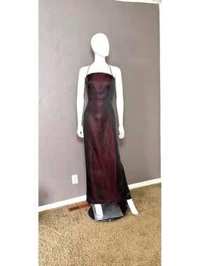1990's Iridescent Black + Red Satin Gown by GEORGIOU Goth Goddess Sheath +Train